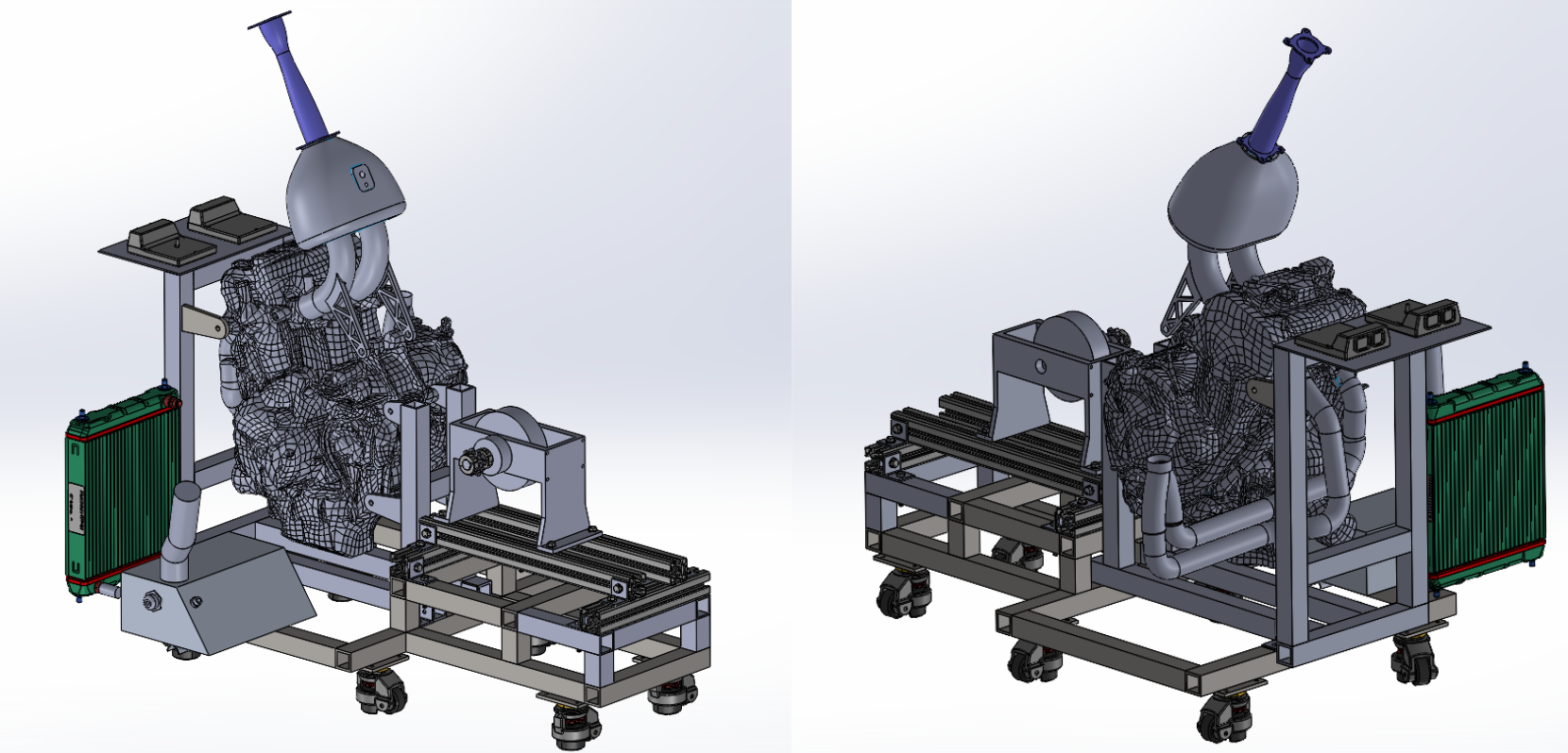 Engine dyno stand CAD, front and rear views